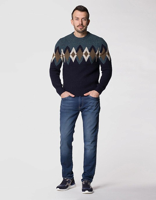 Pierre Cardin sweater from the Future Flex collection in blue and green with a geometric pattern