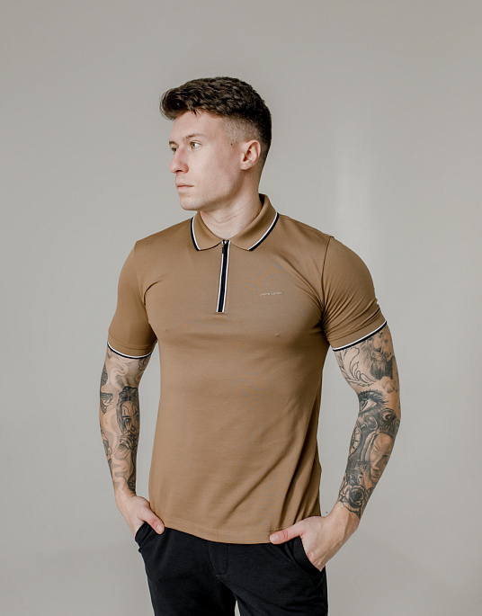 Pierre Cardin polo shirt in brown with a zipped collar